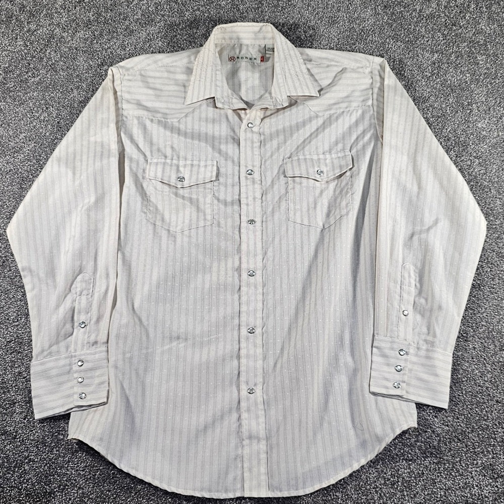 Roper‎ Western Pearl Snap Shirt Mens L Cream Striped Dobby Dot 1-01-144-120TA